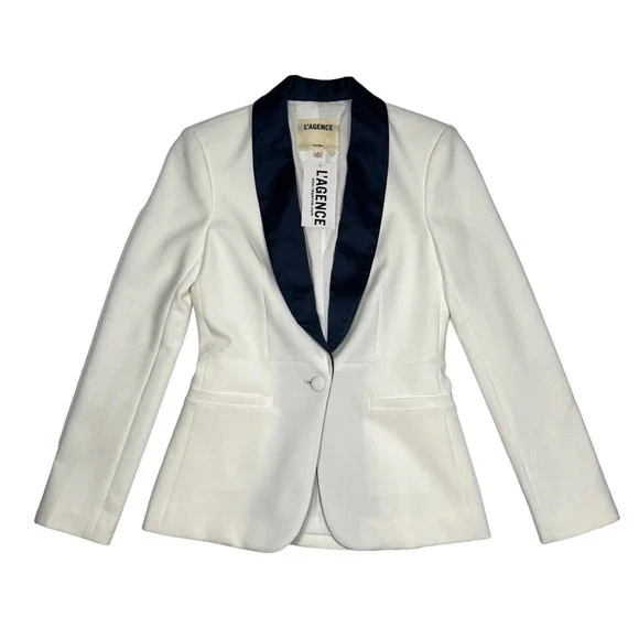 NWT L'AGENCE Women's Sz 2 White Blazer Satin Navy Contrast Lapel Smoking Jacket